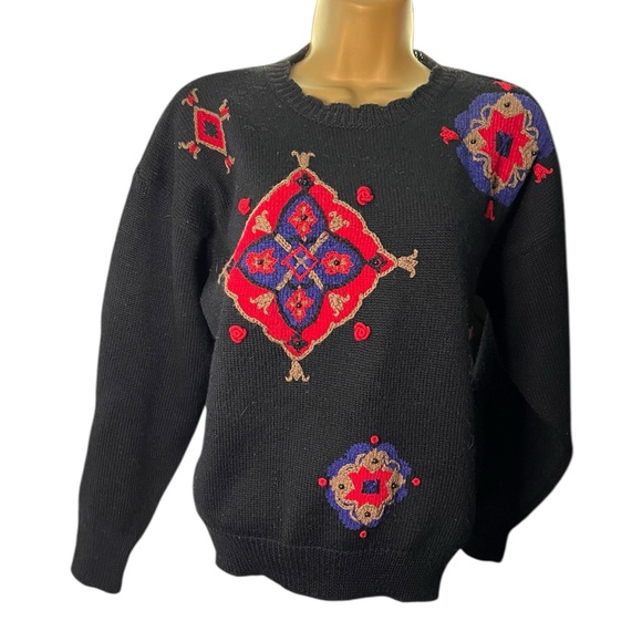 Koret Sweaters - Vintage 80s Koret Petites Embroidered Knit Sweater Beaded Tapestry Motif Black M